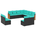 11-teiliges Gartensofa-Set mit Kissen, schwarzes Polyrattan