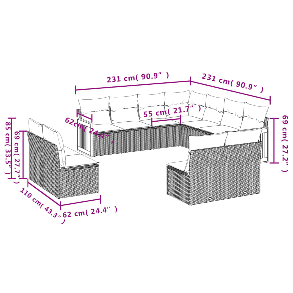 11-teiliges Gartensofa-Set mit Kissen, schwarzes Polyrattan