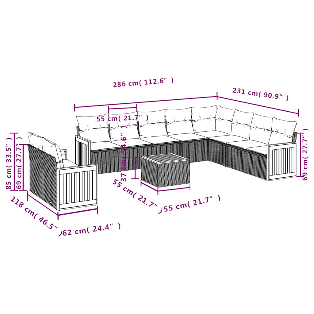 11-teiliges Gartensofa-Set mit Kissen, schwarzes Polyrattan