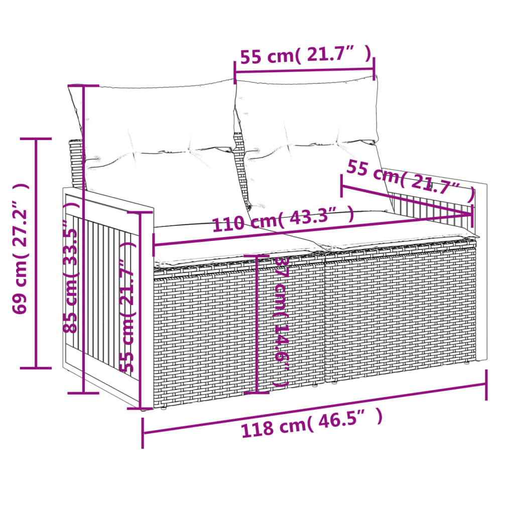 11-teiliges Gartensofa-Set mit Kissen, schwarzes Polyrattan