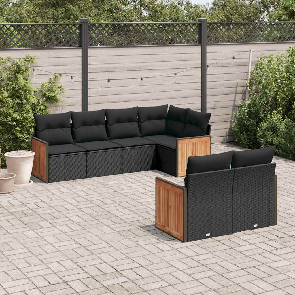 7-tlg. Garten-Sofagarnitur mit Kissen Schwarz Poly Rattan