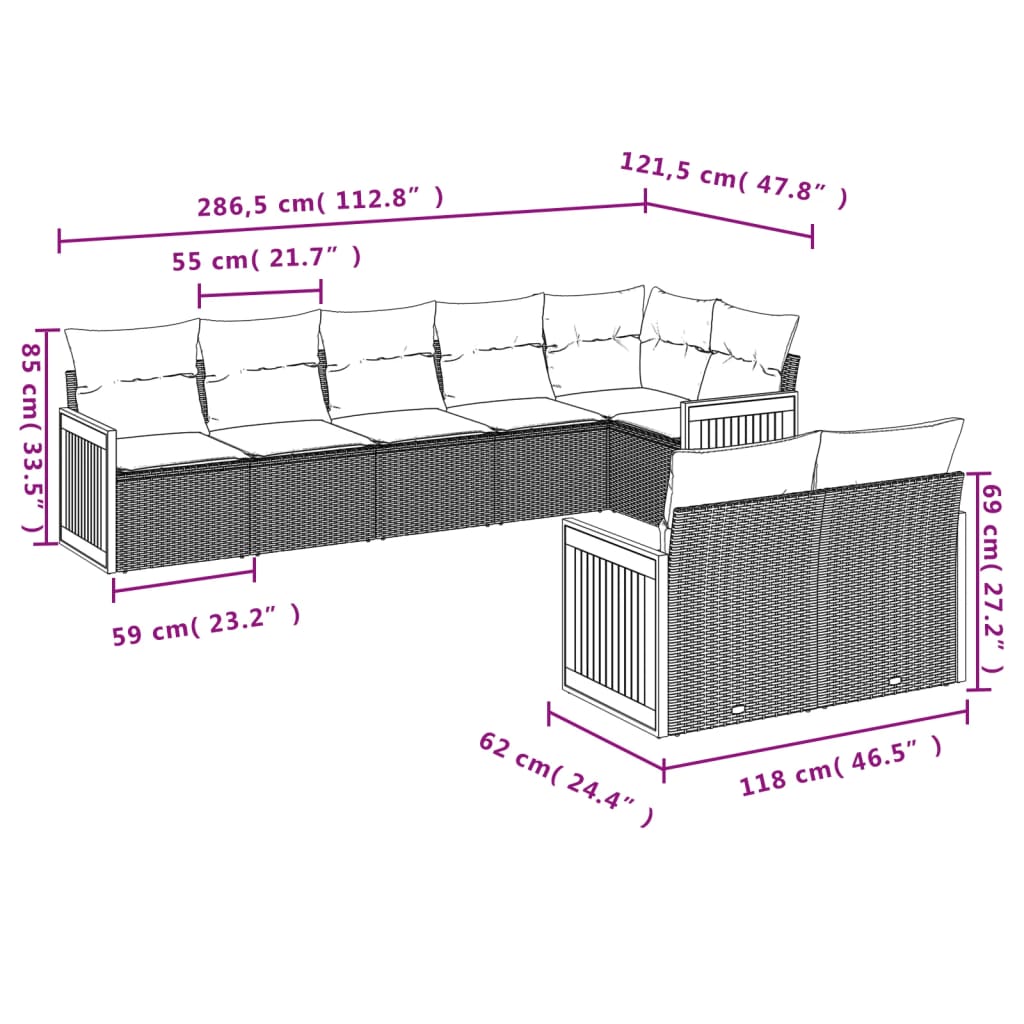 8-teiliges Gartensofa-Set mit Kissen, grau, Polyrattan