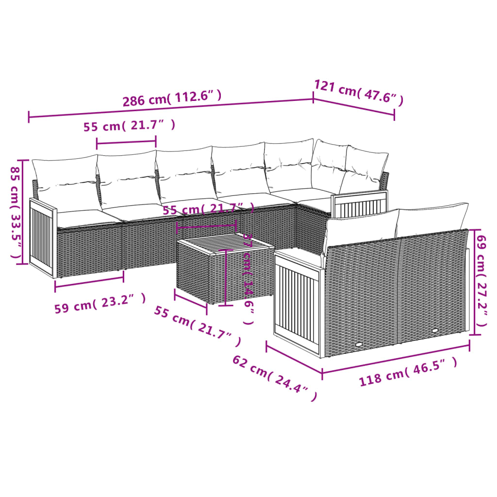 9-teiliges Gartensofa-Set mit Kissen, grau, Polyrattan