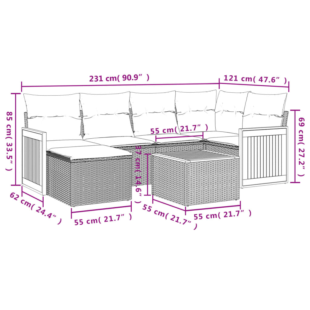 7-teiliges Gartensofa-Set mit Kissen, schwarzes Polyrattan