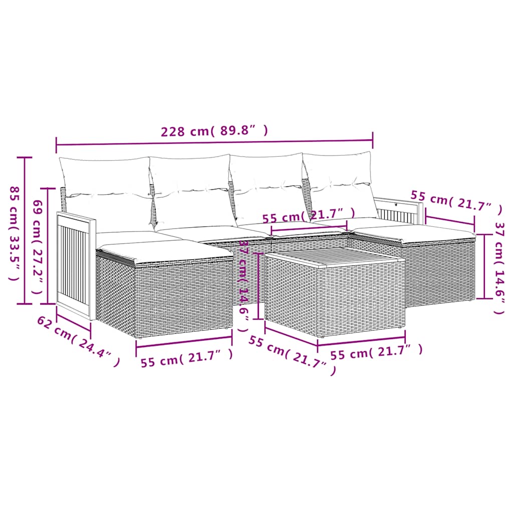 7-tlg. Garten-Sofagarnitur mit Kissen Schwarz Poly Rattan