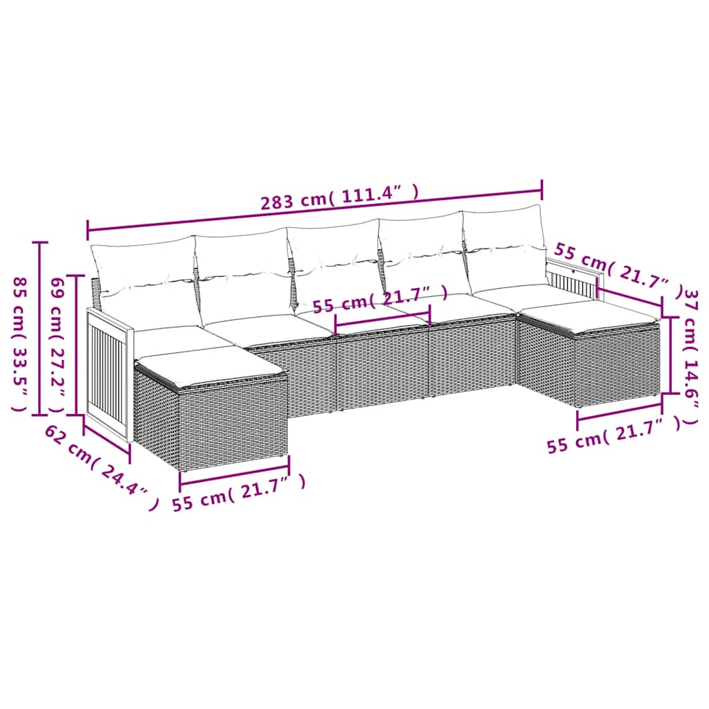 7-tlg. Garten-Sofagarnitur mit Kissen Schwarz Poly Rattan