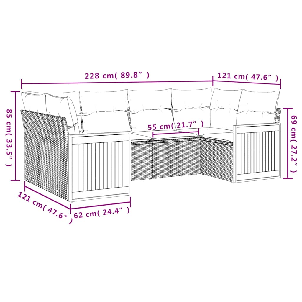 6-teiliges Gartensofa-Set mit Kissen, grau, Polyrattan