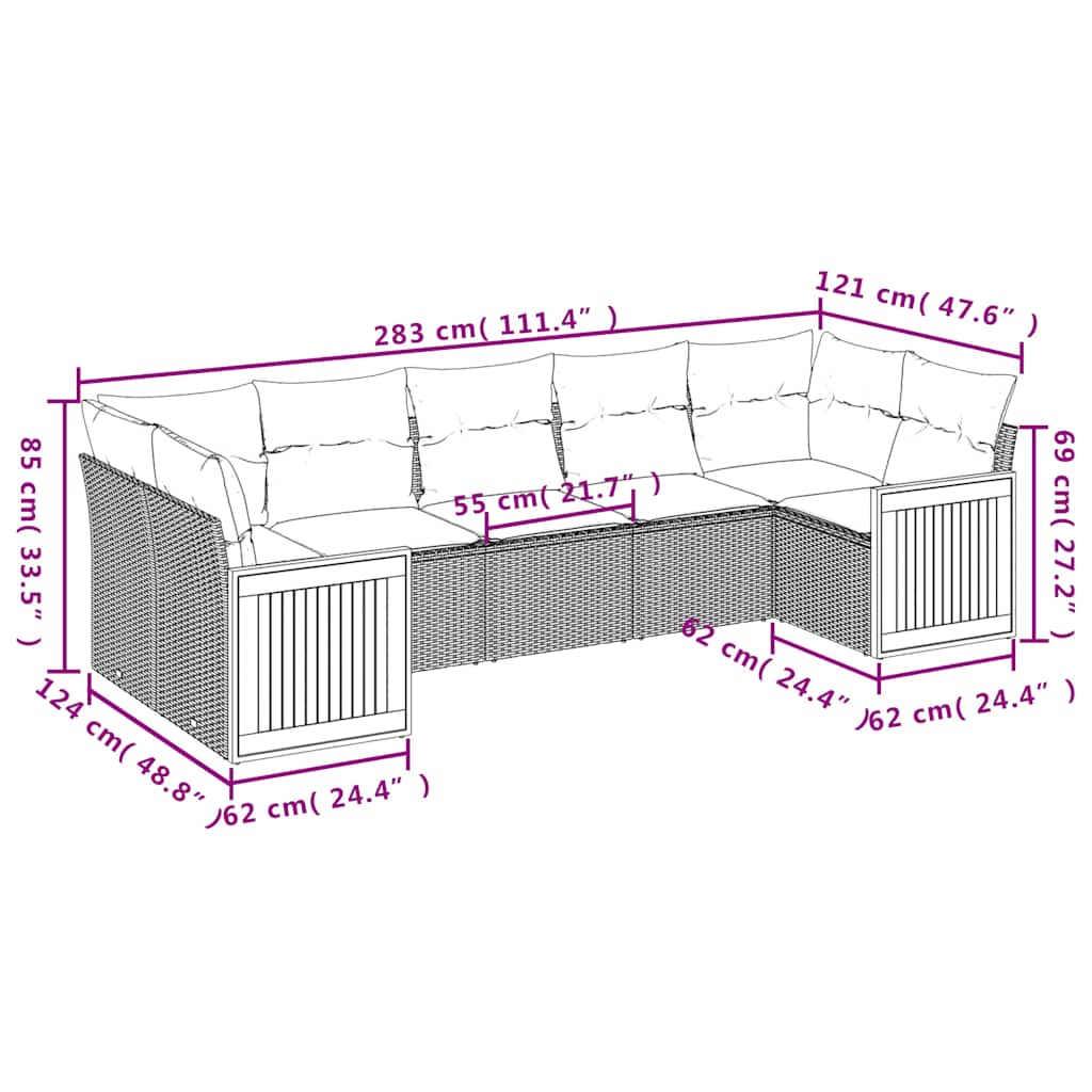 7-teiliges Gartensofa-Set mit Kissen, grau, Polyrattan