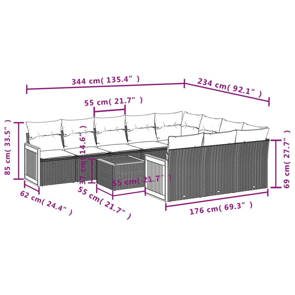 11-teiliges Gartensofa-Set mit Kissen, grau, Polyrattan