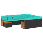 11-teiliges Gartensofa-Set mit Kissen, schwarzes Polyrattan