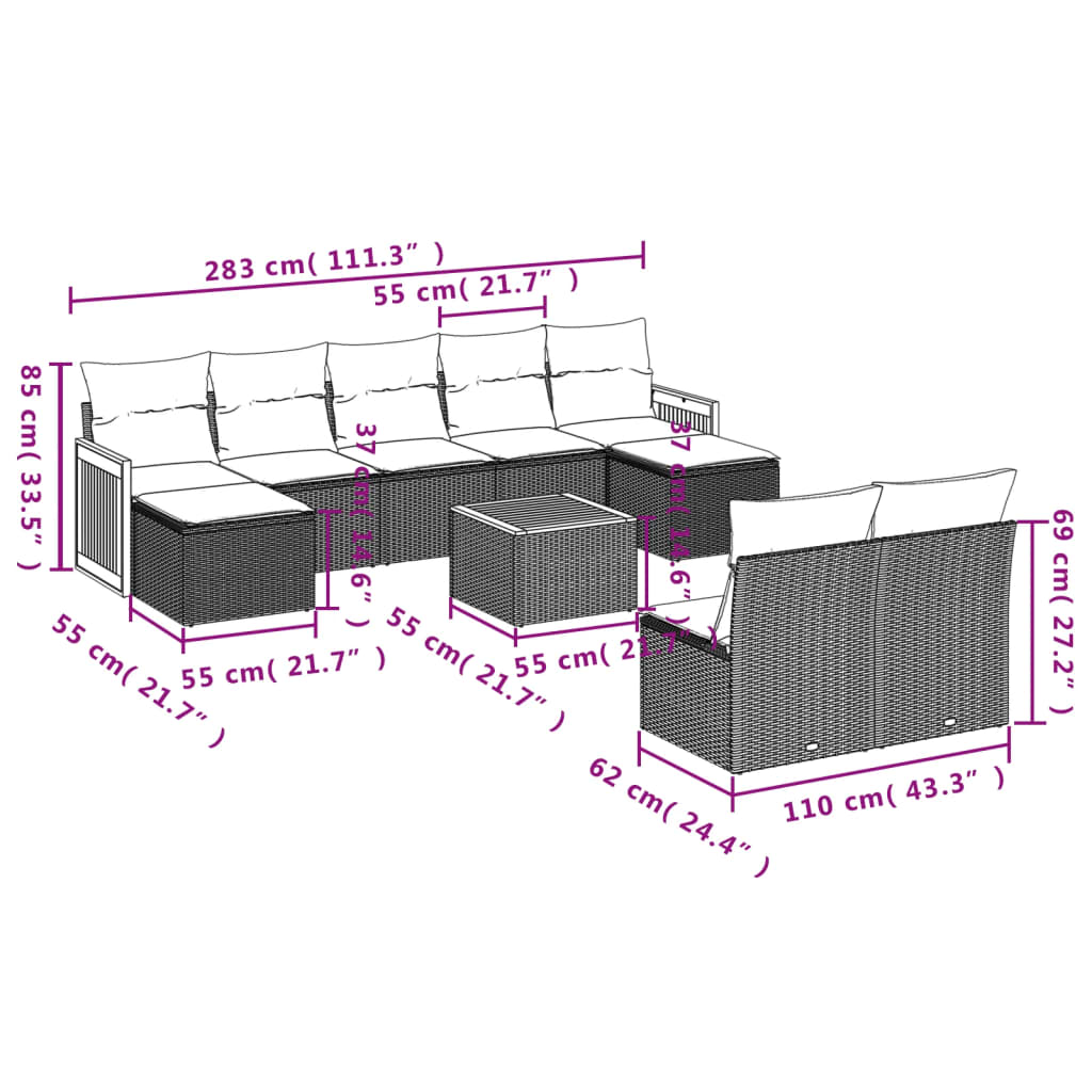 10-teiliges Gartensofa-Set mit Kissen, schwarzes Polyrattan