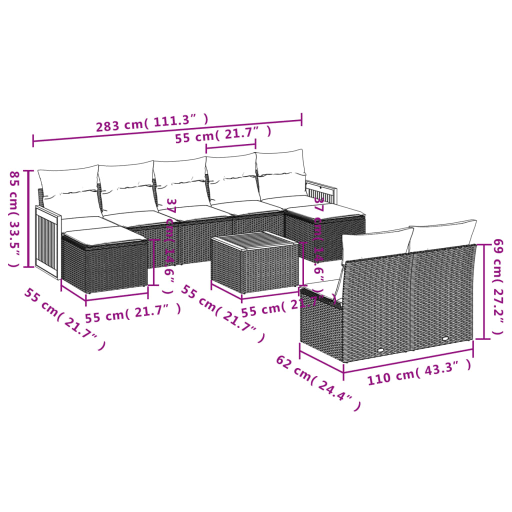 10-teiliges Gartensofa-Set mit Kissen, grau, Polyrattan