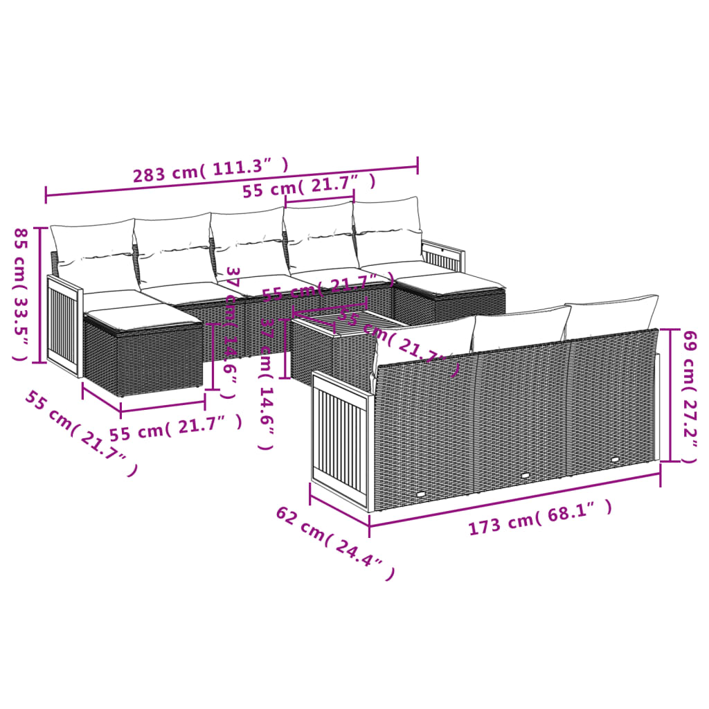 11-teiliges Gartensofa-Set mit Kissen, schwarzes Polyrattan