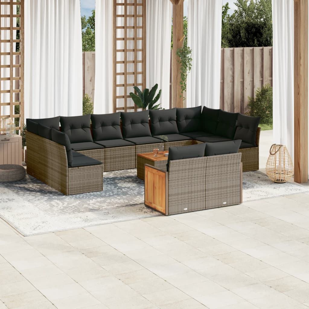 13-tlg. Garten-Sofagarnitur mit Kissen Grau Poly Rattan