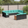 13-teiliges Gartensofa-Set mit Kissen, schwarzes Polyrattan