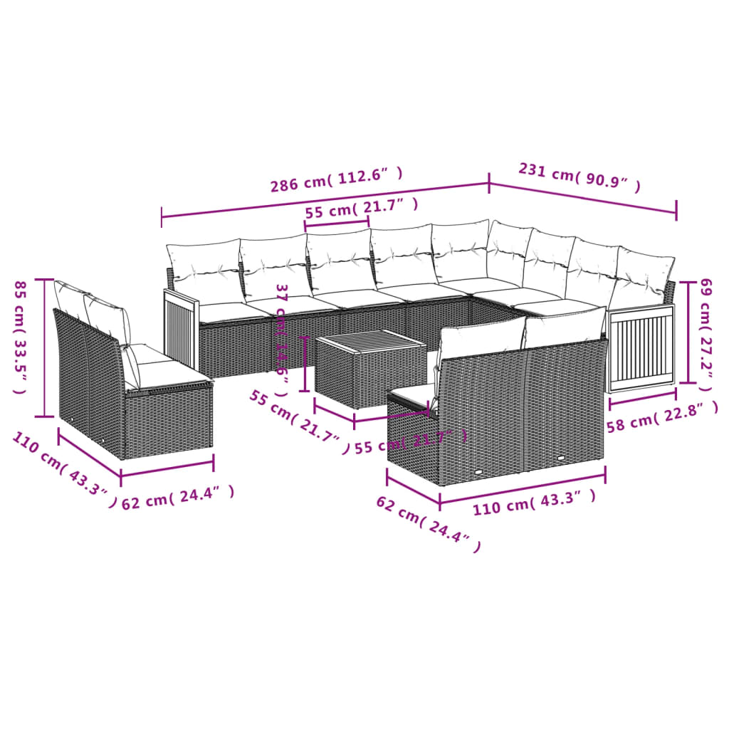 13-teiliges Gartensofa-Set mit Kissen, grau, Polyrattan