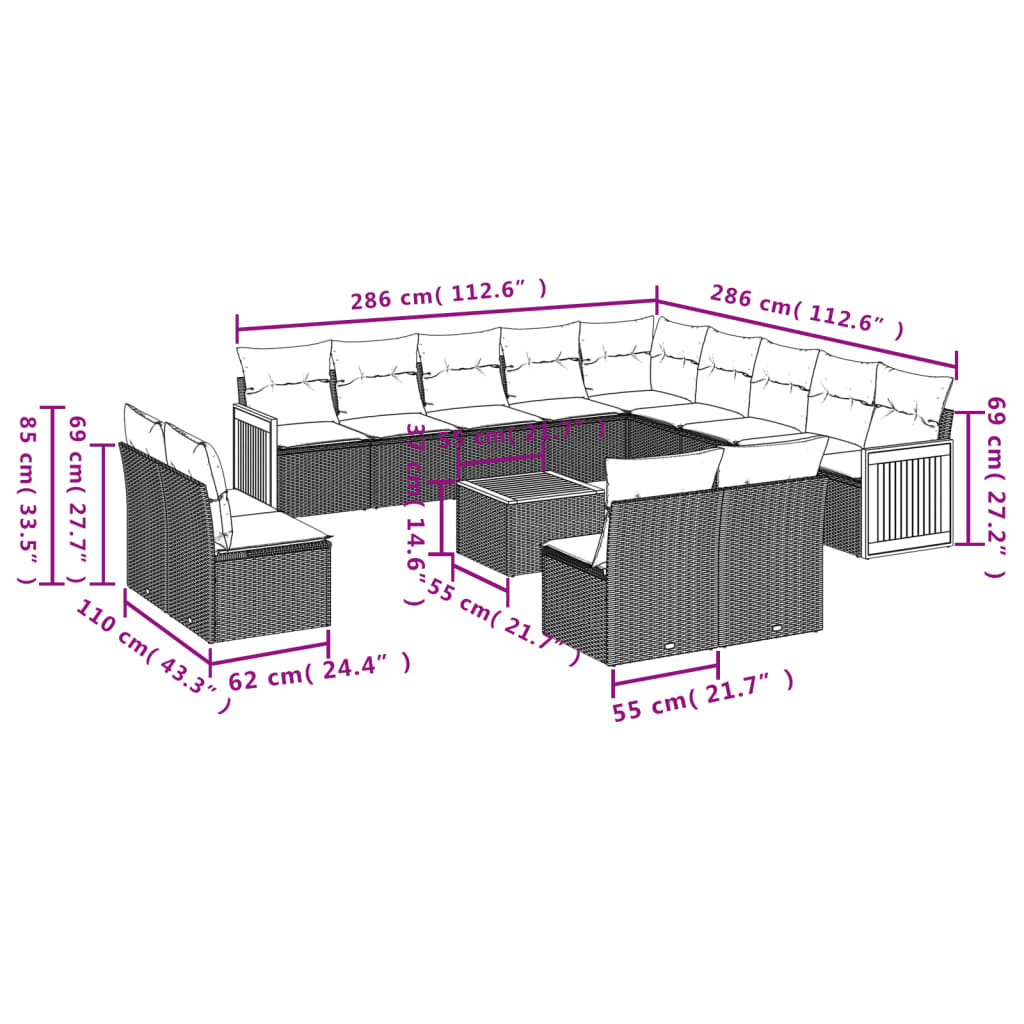 14-teiliges Gartensofa-Set mit Kissen, schwarzes Polyrattan