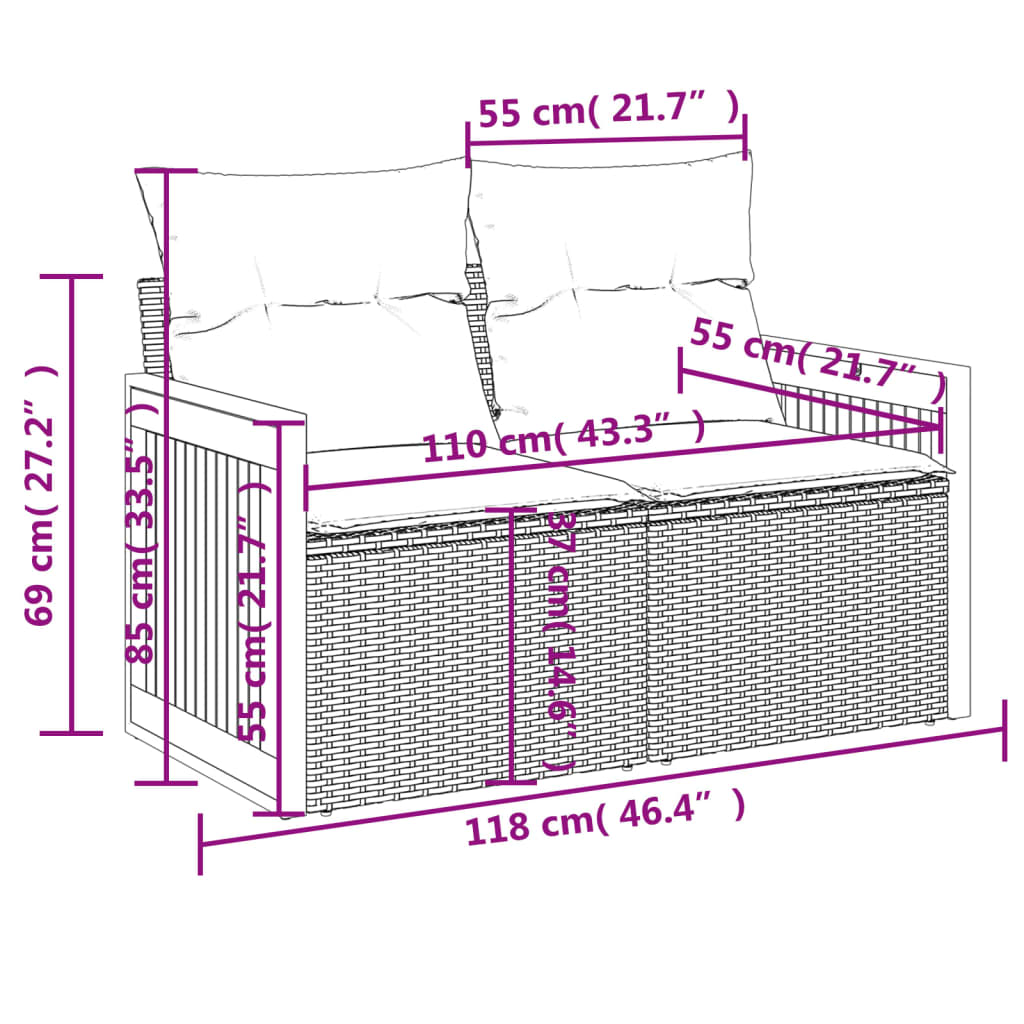 8-teiliges Gartensofa-Set mit Kissen, schwarzes Polyrattan
