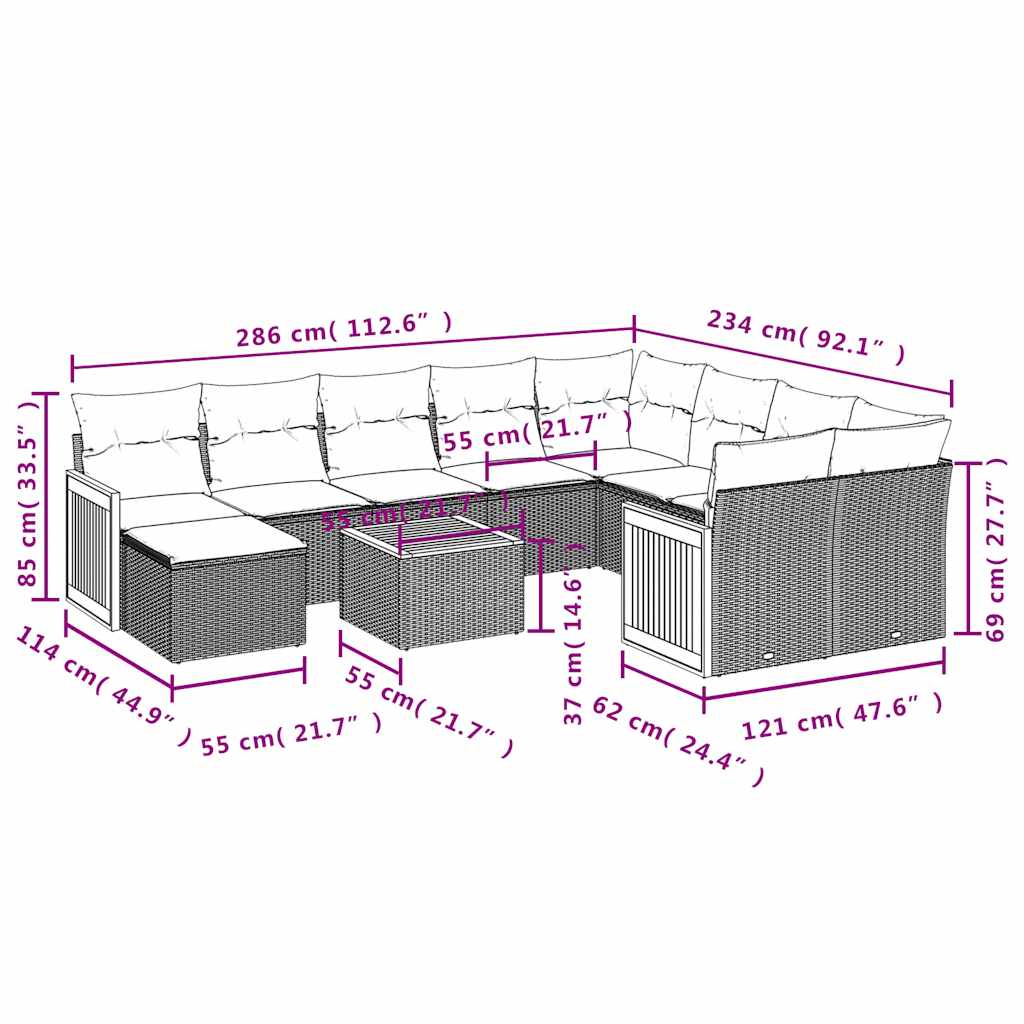 11-teiliges Gartensofa-Set mit Kissen, schwarzes Polyrattan