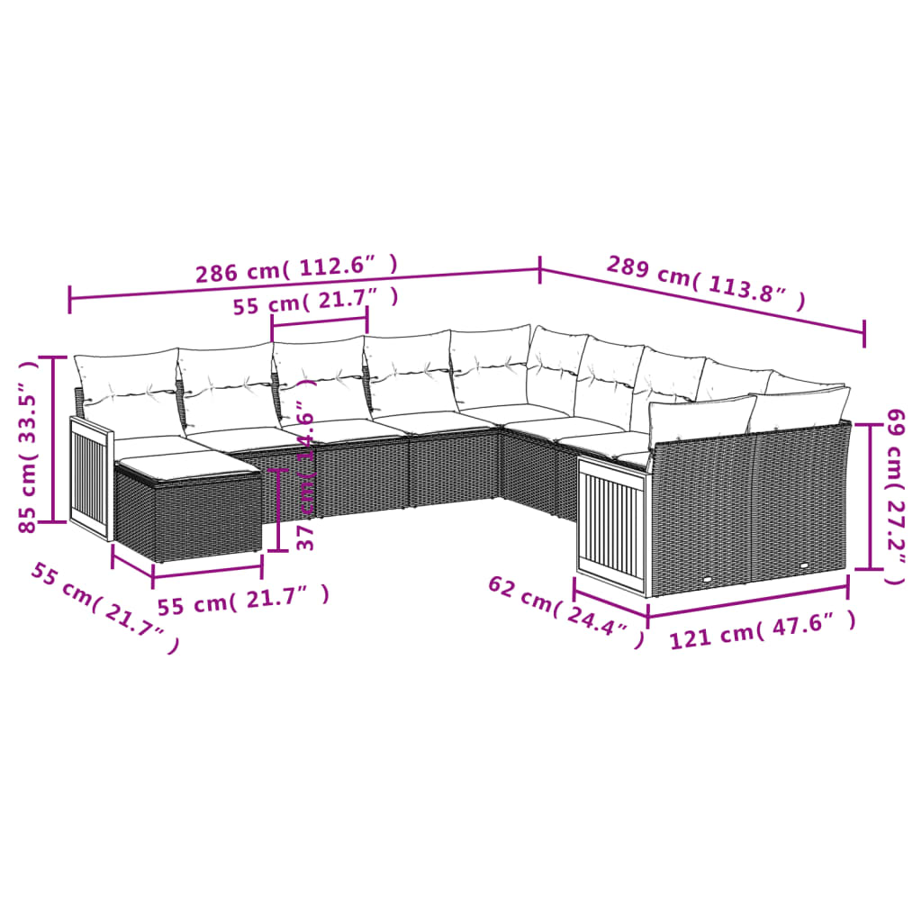 11-teiliges Gartensofa-Set mit Kissen, schwarzes Polyrattan
