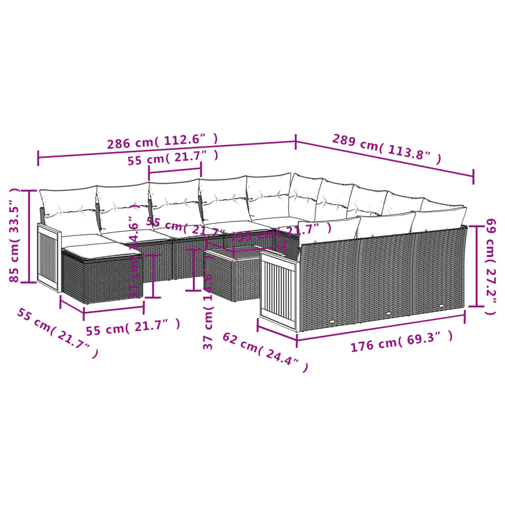 13-teiliges Gartensofa-Set mit Kissen, schwarzes Polyrattan