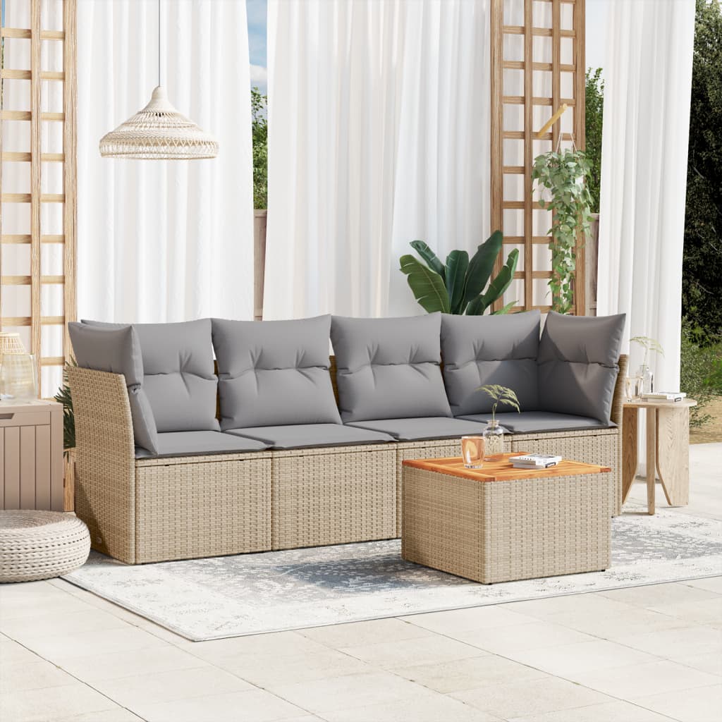5-tlg. Garten-Sofagarnitur mit Kissen Beige Poly Rattan