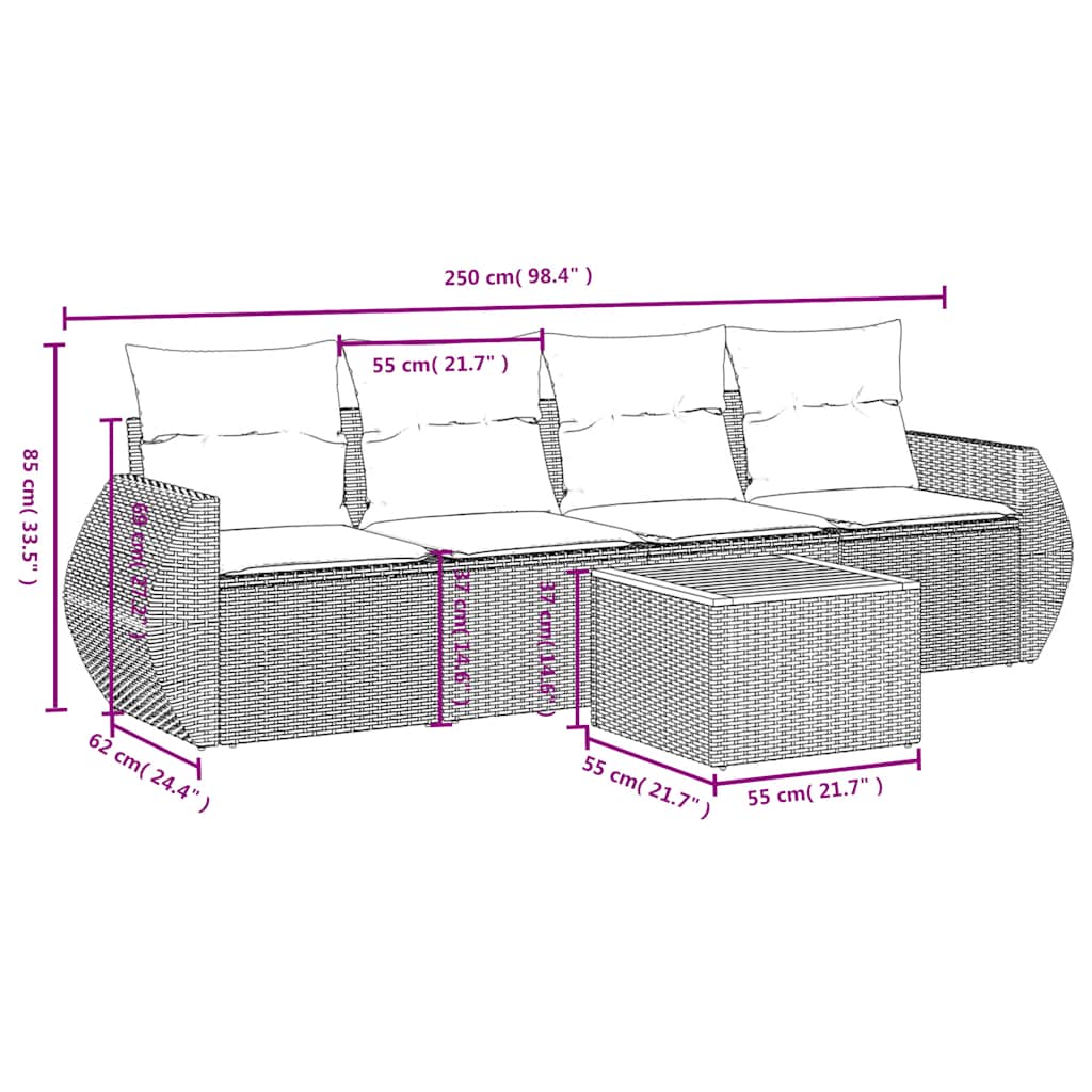 5-teiliges Gartensofa-Set mit Kissen, grau, Polyrattan