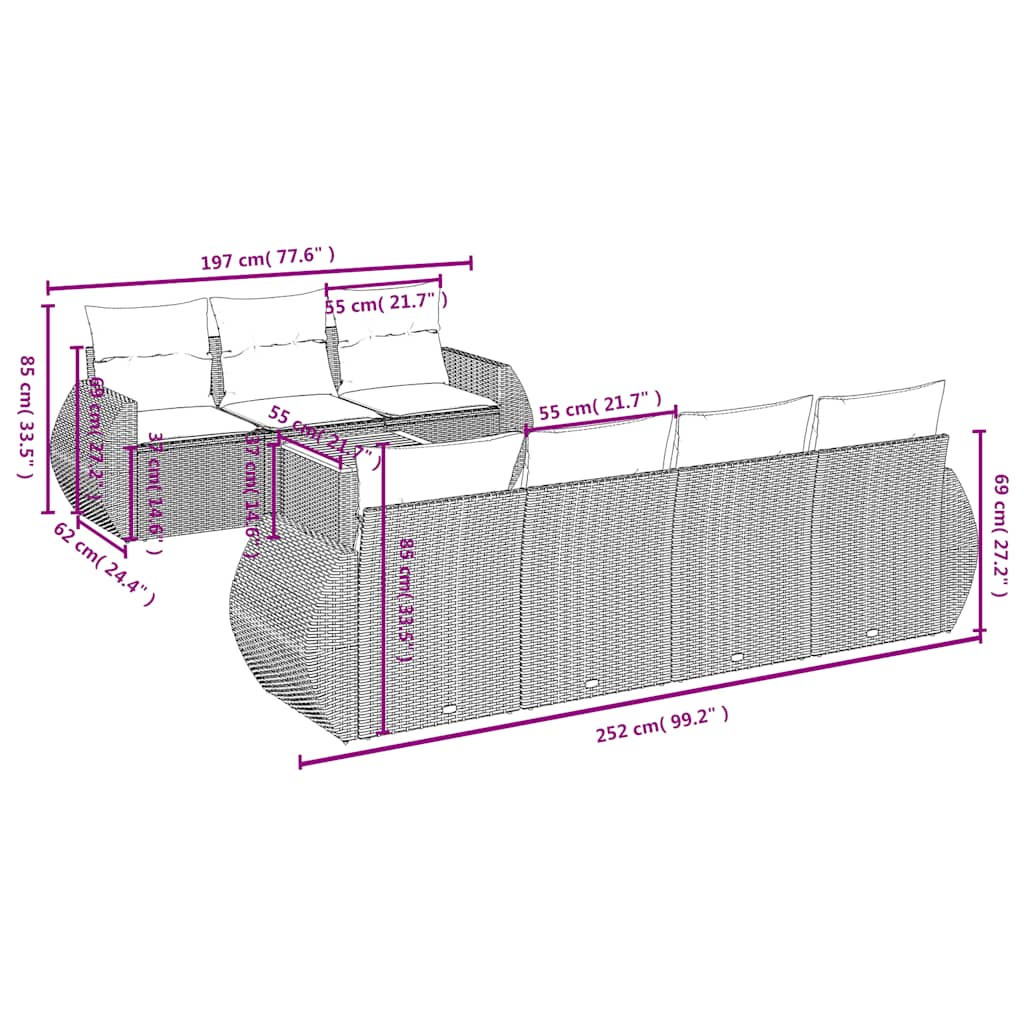8-teiliges Gartensofa-Set mit Kissen, schwarzes Polyrattan
