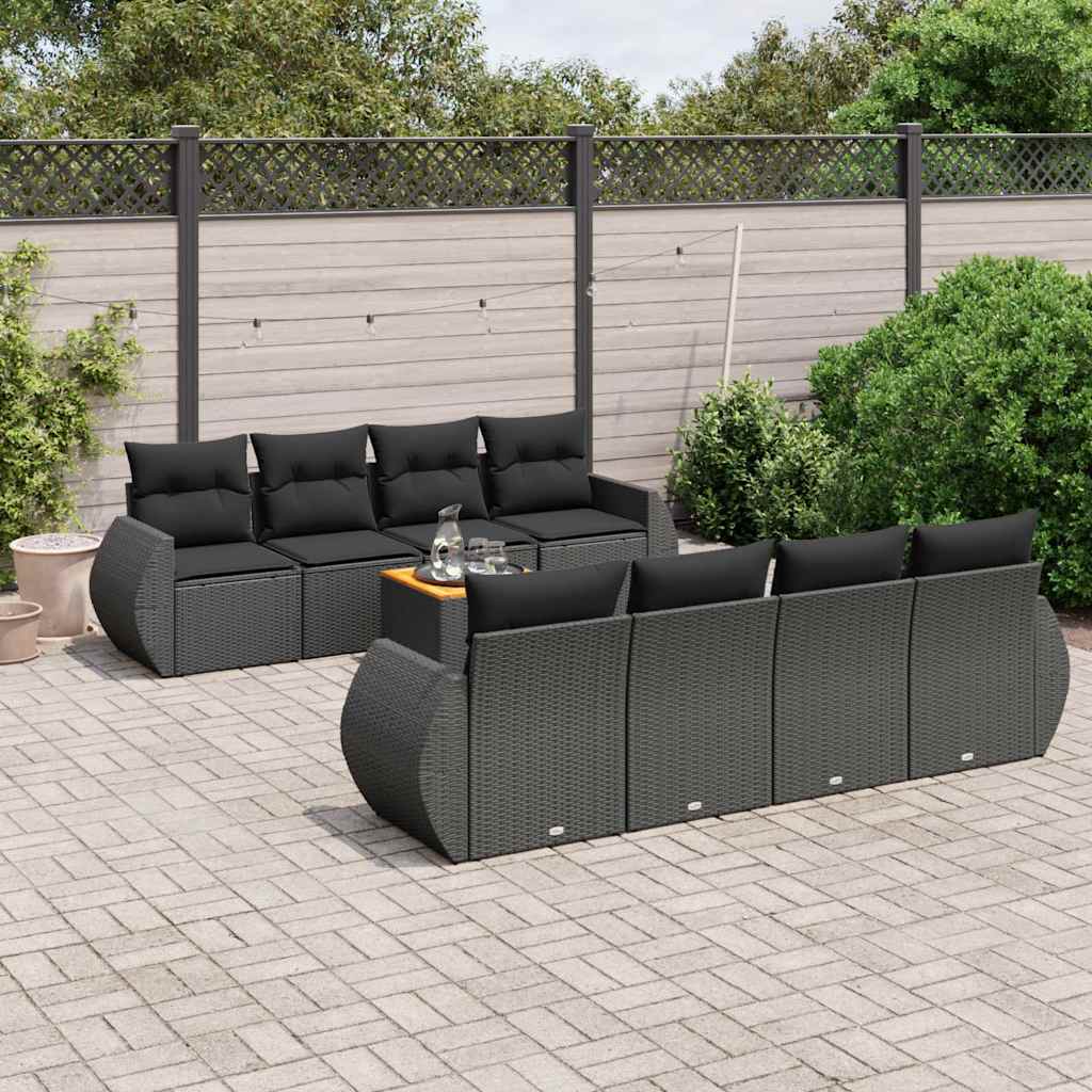 9-tlg. Garten-Sofagarnitur mit Kissen Schwarz Poly Rattan