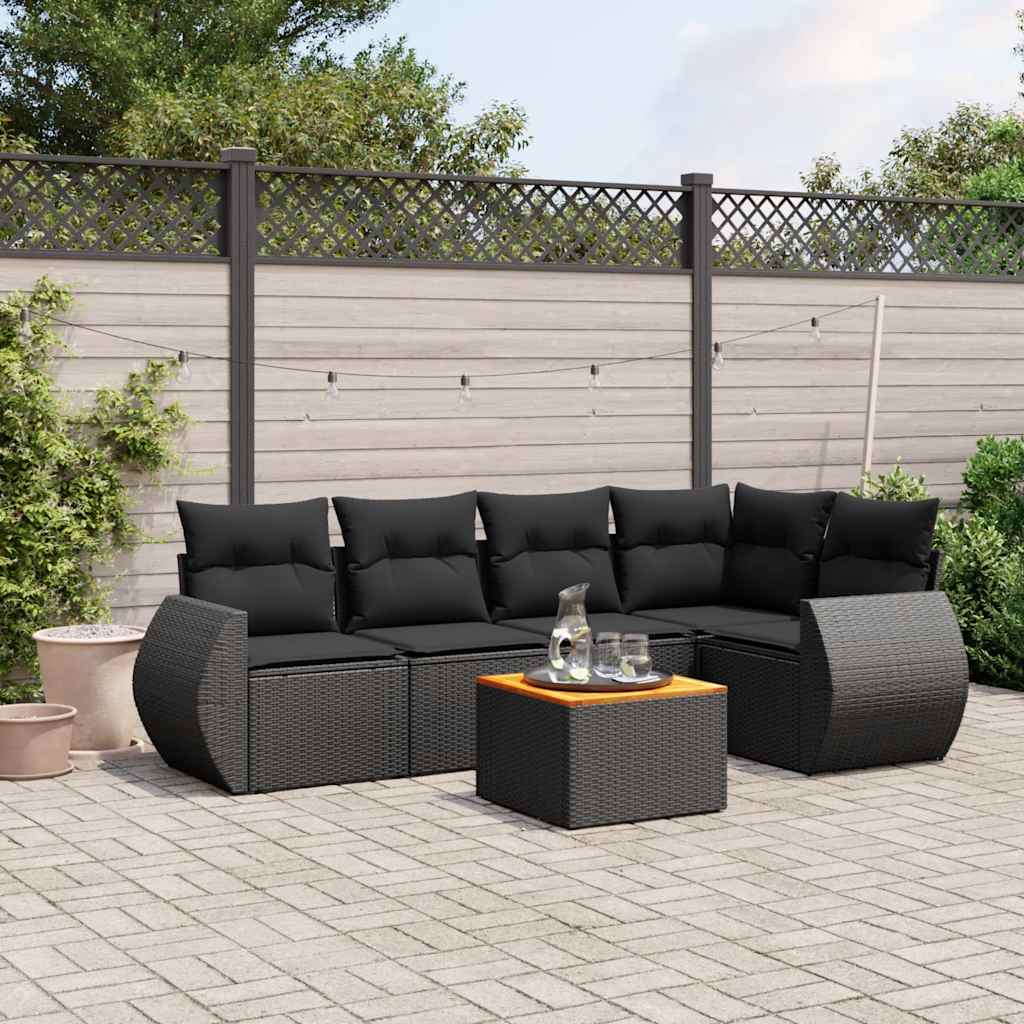 6-tlg. Garten-Sofagarnitur mit Kissen Schwarz Poly Rattan