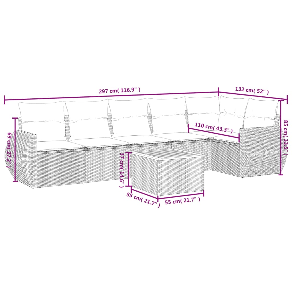 7-tlg. Garten-Sofagarnitur mit Kissen Schwarz Poly Rattan