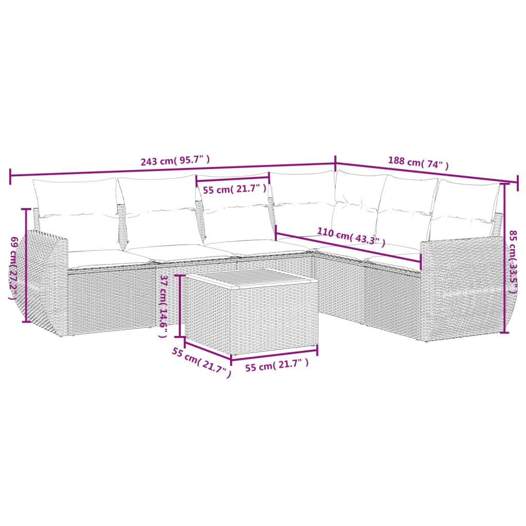 7-teiliges Gartensofa-Set mit Kissen, grau, Polyrattan