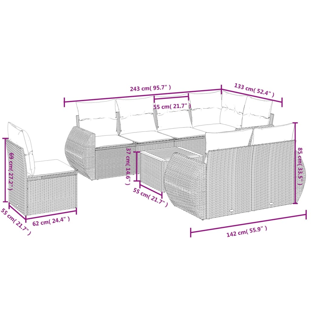 9-teiliges Gartensofa-Set mit Kissen, schwarzes Polyrattan
