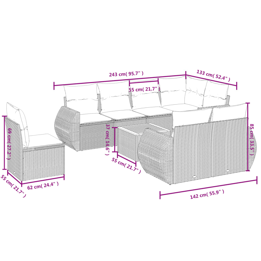 9-teiliges Gartensofa-Set mit Kissen, grau, Polyrattan