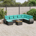 9-teiliges Gartensofa-Set mit Kissen, schwarzes Polyrattan