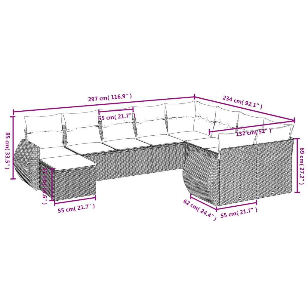 10-teiliges Gartensofa-Set mit Kissen, grau, Polyrattan