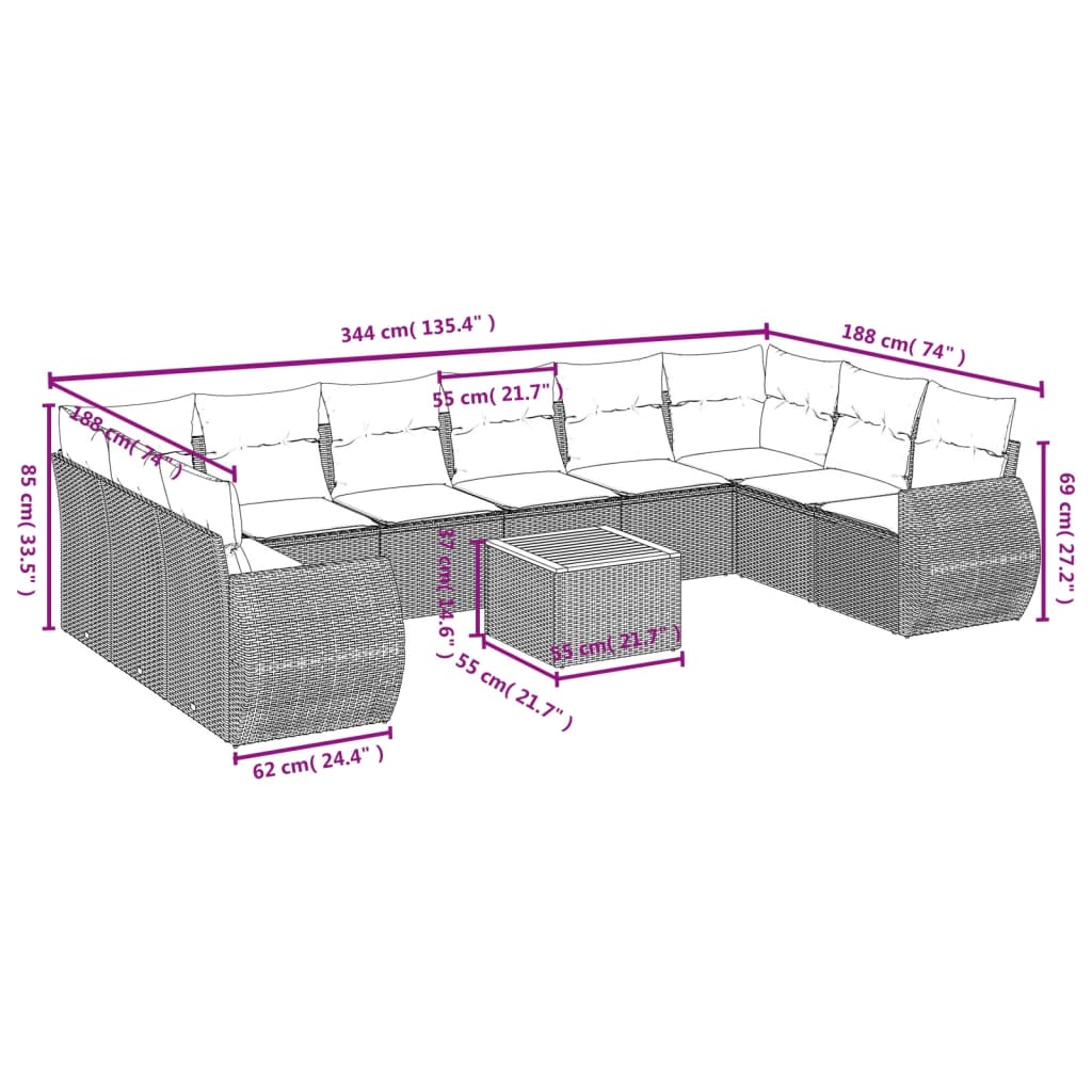 11-teiliges Gartensofa-Set mit Kissen, schwarzes Polyrattan