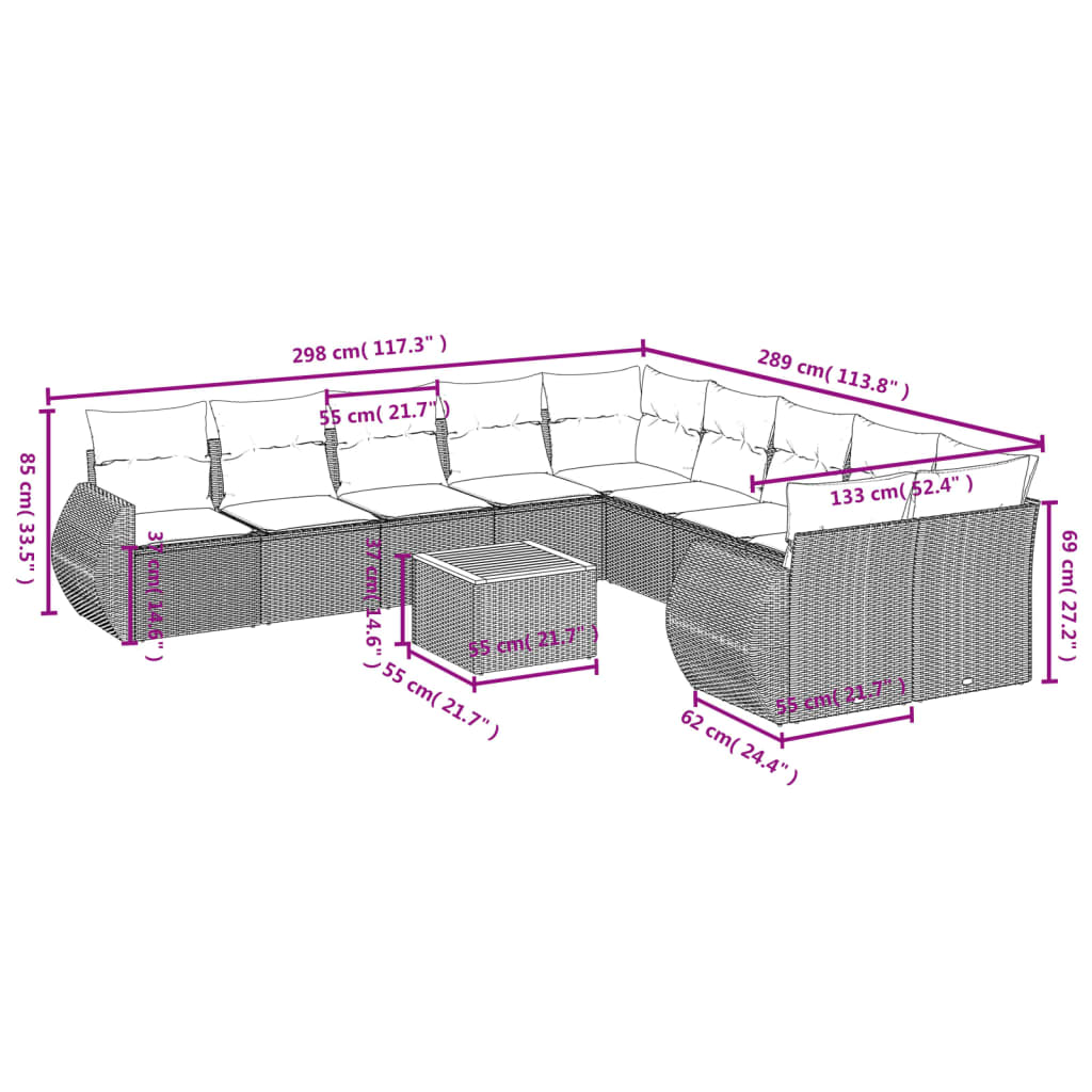 11-teiliges Gartensofa-Set mit Kissen, schwarzes Polyrattan