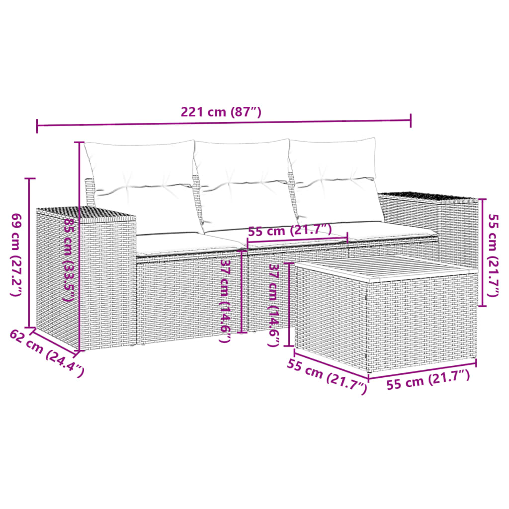 4-tlg. Garten-Sofagarnitur mit Kissen Beige Poly Rattan