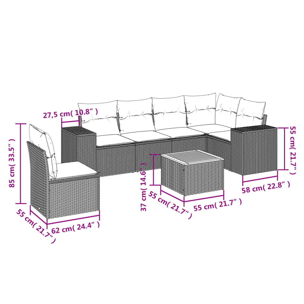 7-tlg. Garten-Sofagarnitur mit Kissen Schwarz Poly Rattan