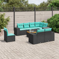 9-teiliges Gartensofa-Set mit Kissen, schwarzes Polyrattan