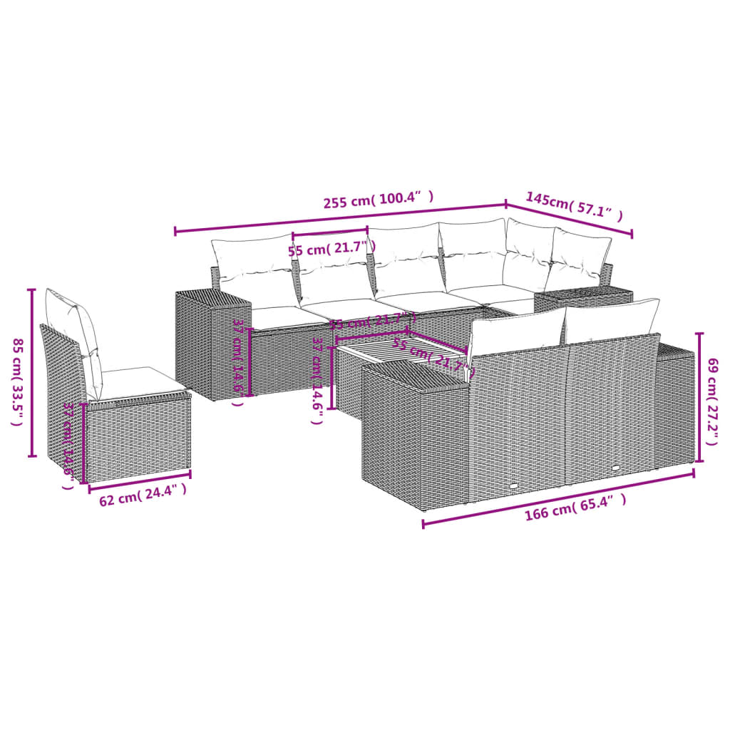 9-teiliges Gartensofa-Set mit Kissen, grau, Polyrattan