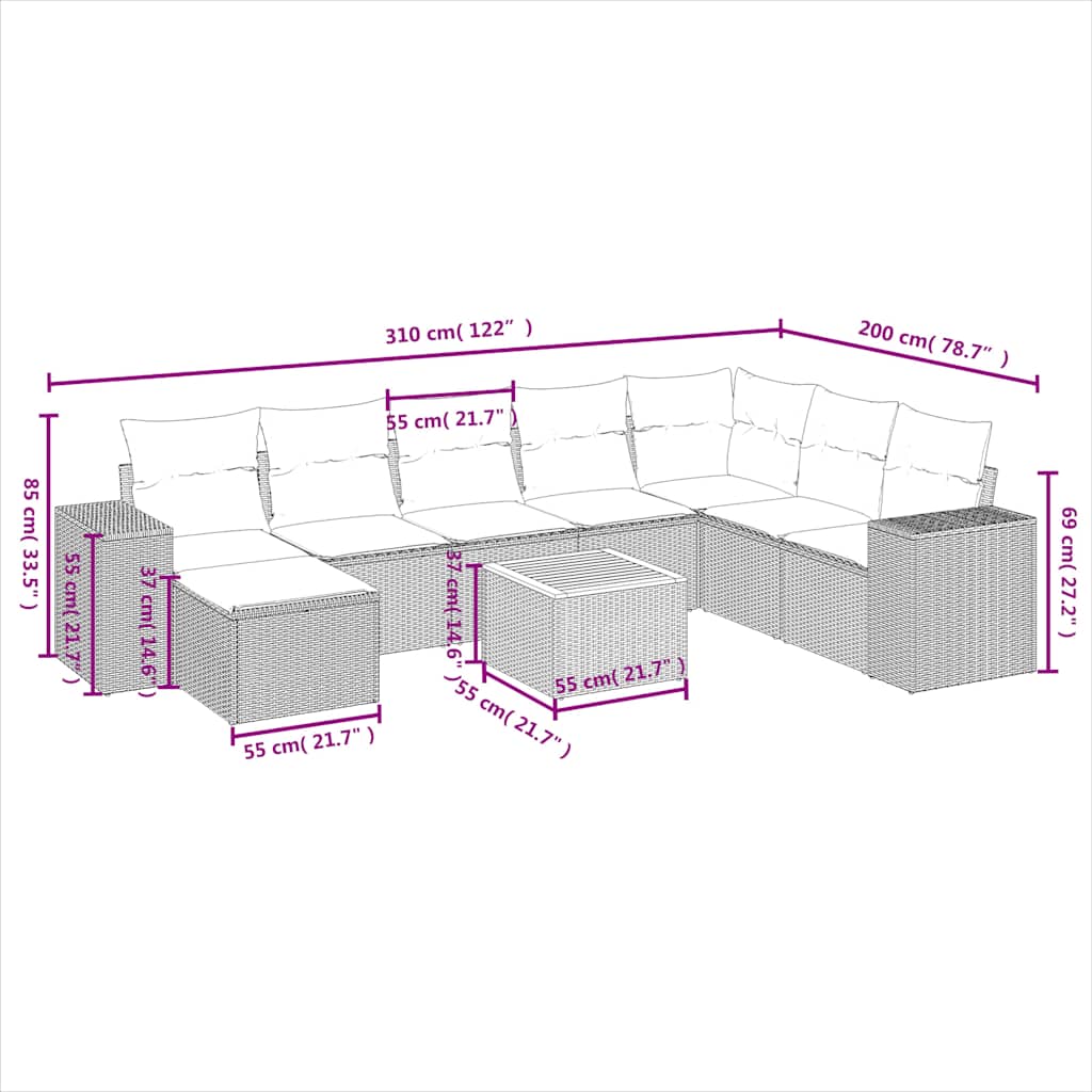 9-teiliges Gartensofa-Set mit Kissen, grau, Polyrattan