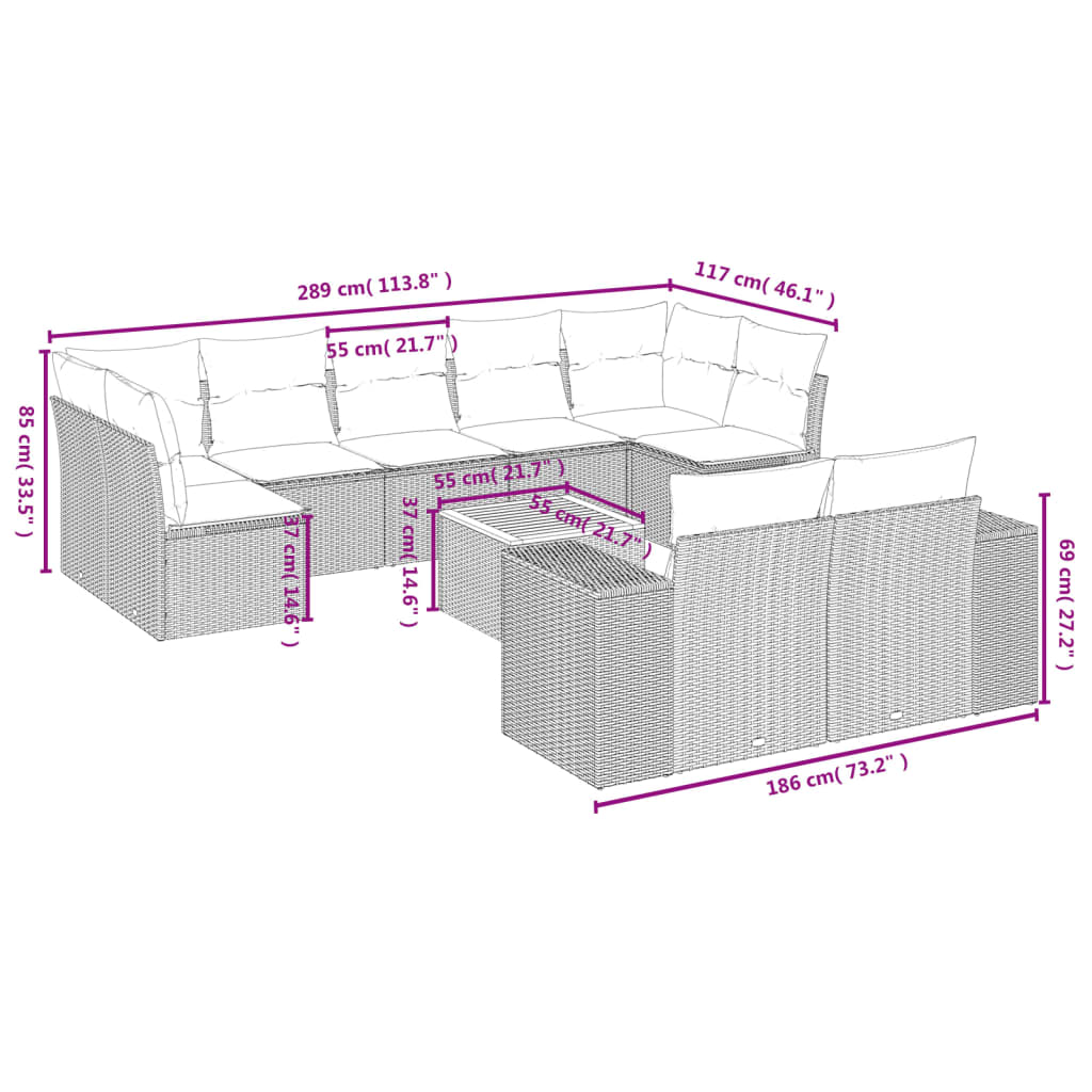 10-teiliges Gartensofa-Set mit Kissen, schwarzes Polyrattan