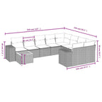 10-teiliges Gartensofa-Set mit Kissen, schwarzes Polyrattan