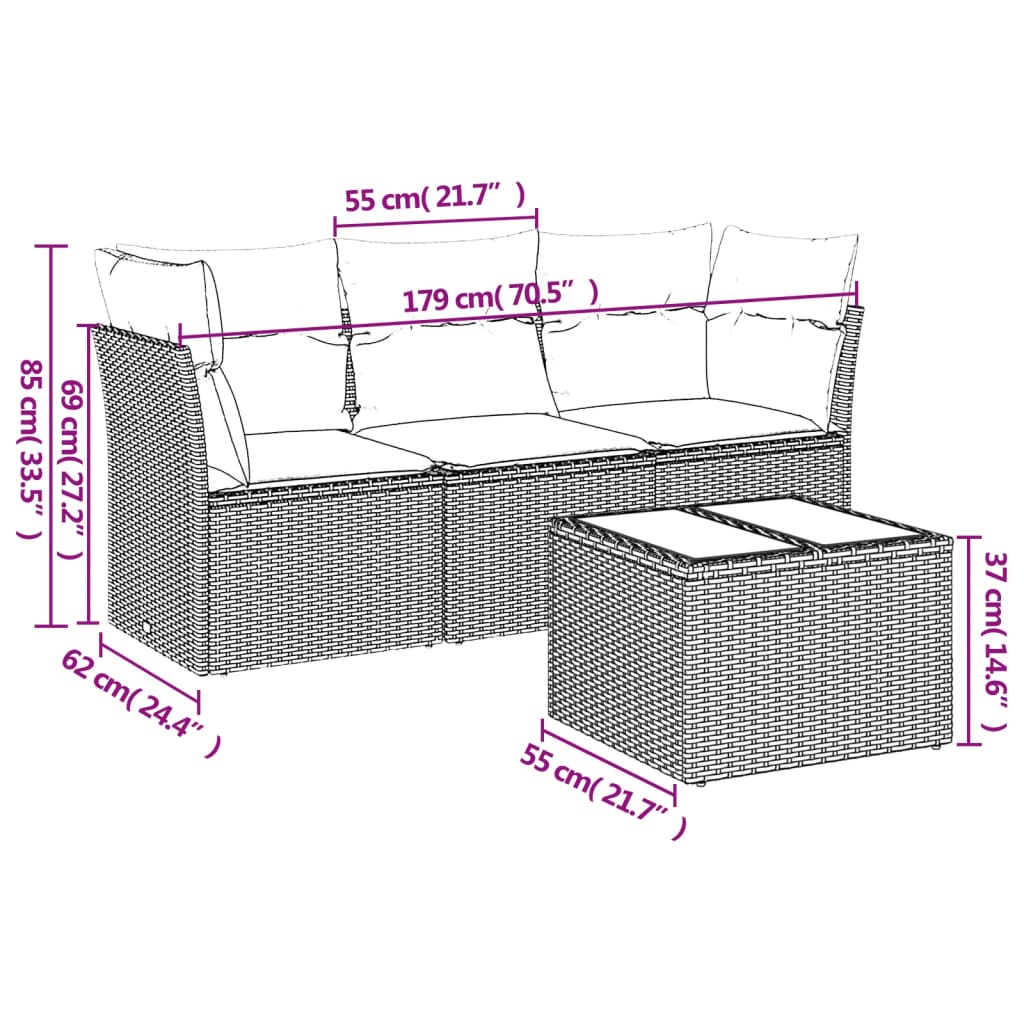 4-tlg. Garten-Sofagarnitur mit Kissen Braun Poly Rattan