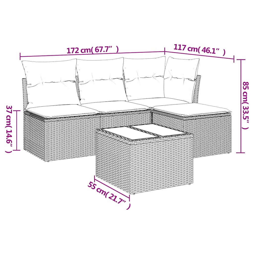 5-tlg. Garten-Sofagarnitur mit Kissen Grau Poly Rattan