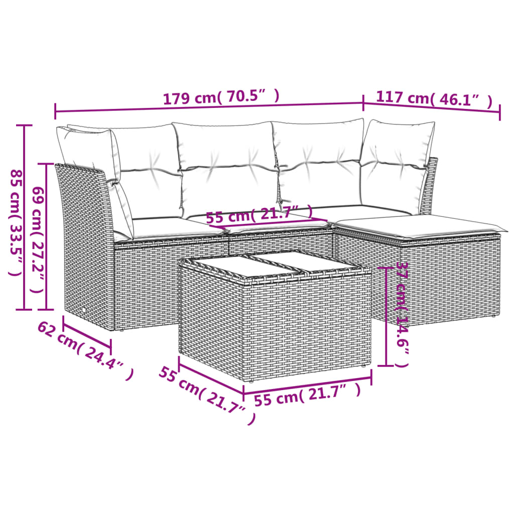 5-tlg. Garten-Sofagarnitur mit Kissen Grau Poly Rattan
