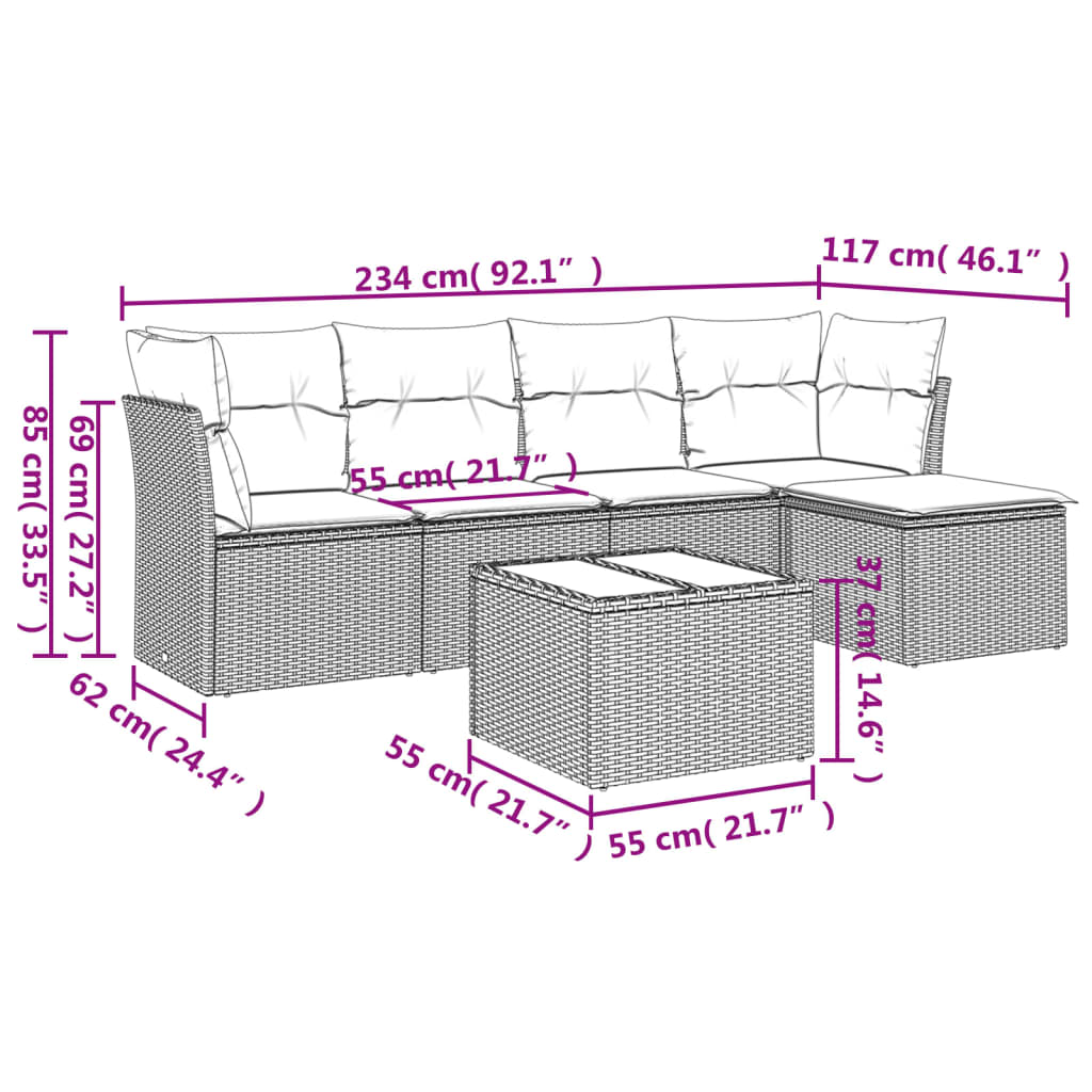 6-tlg. Garten-Sofagarnitur mit Kissen Braun Poly Rattan