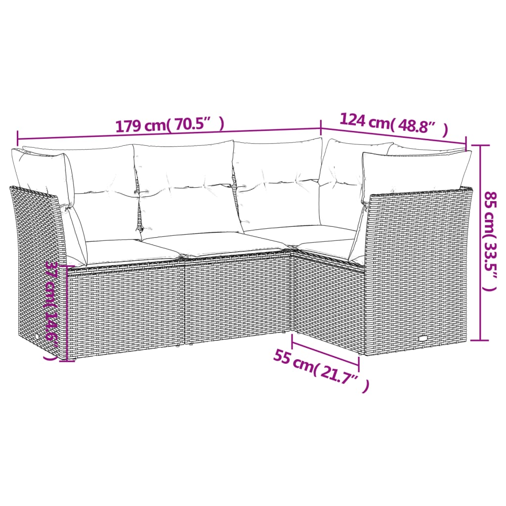 4-tlg. Garten-Sofagarnitur mit Kissen Grau Poly Rattan